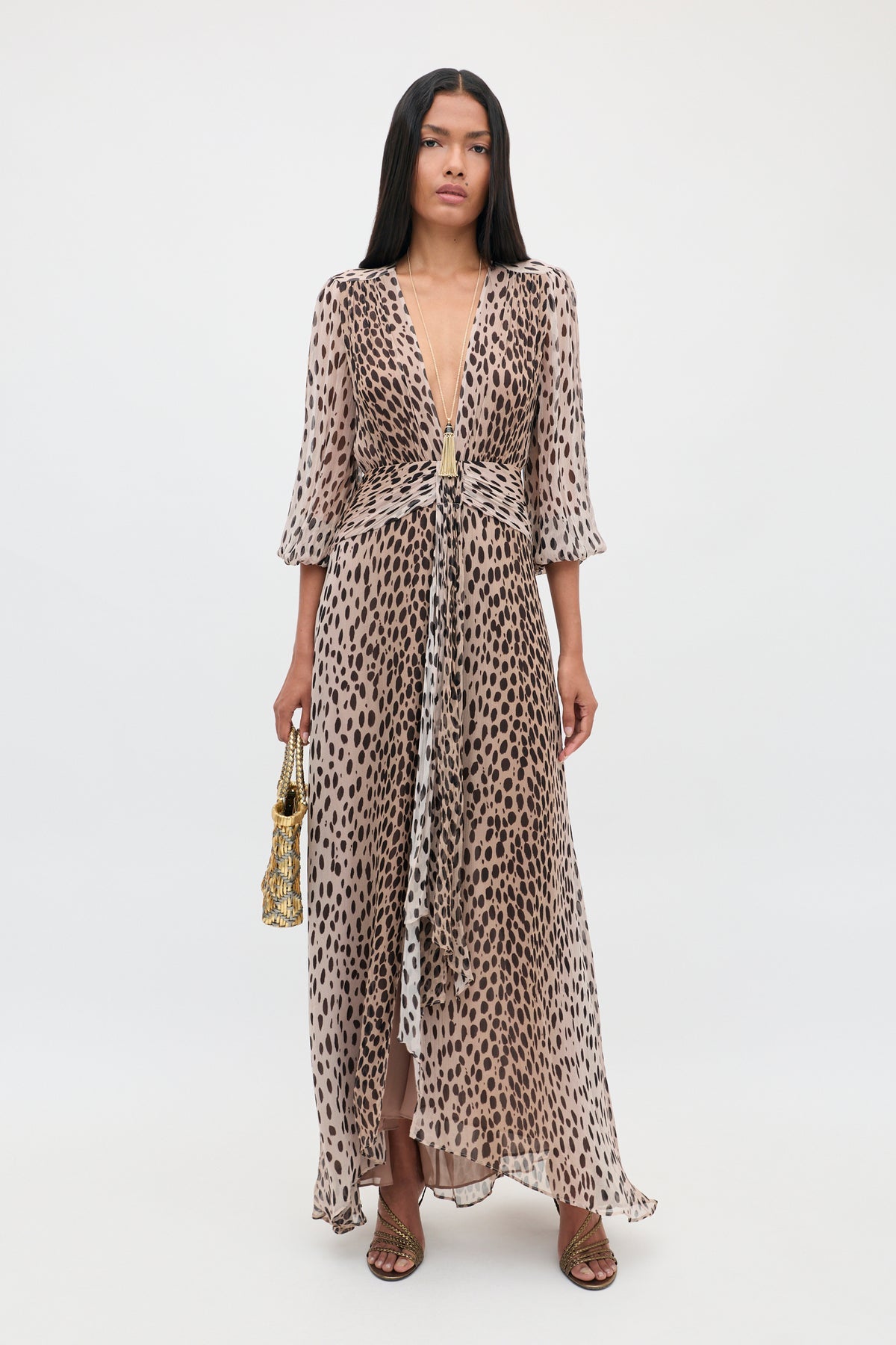 Meera Chiffon Gown in Brown Antelope Spot Black