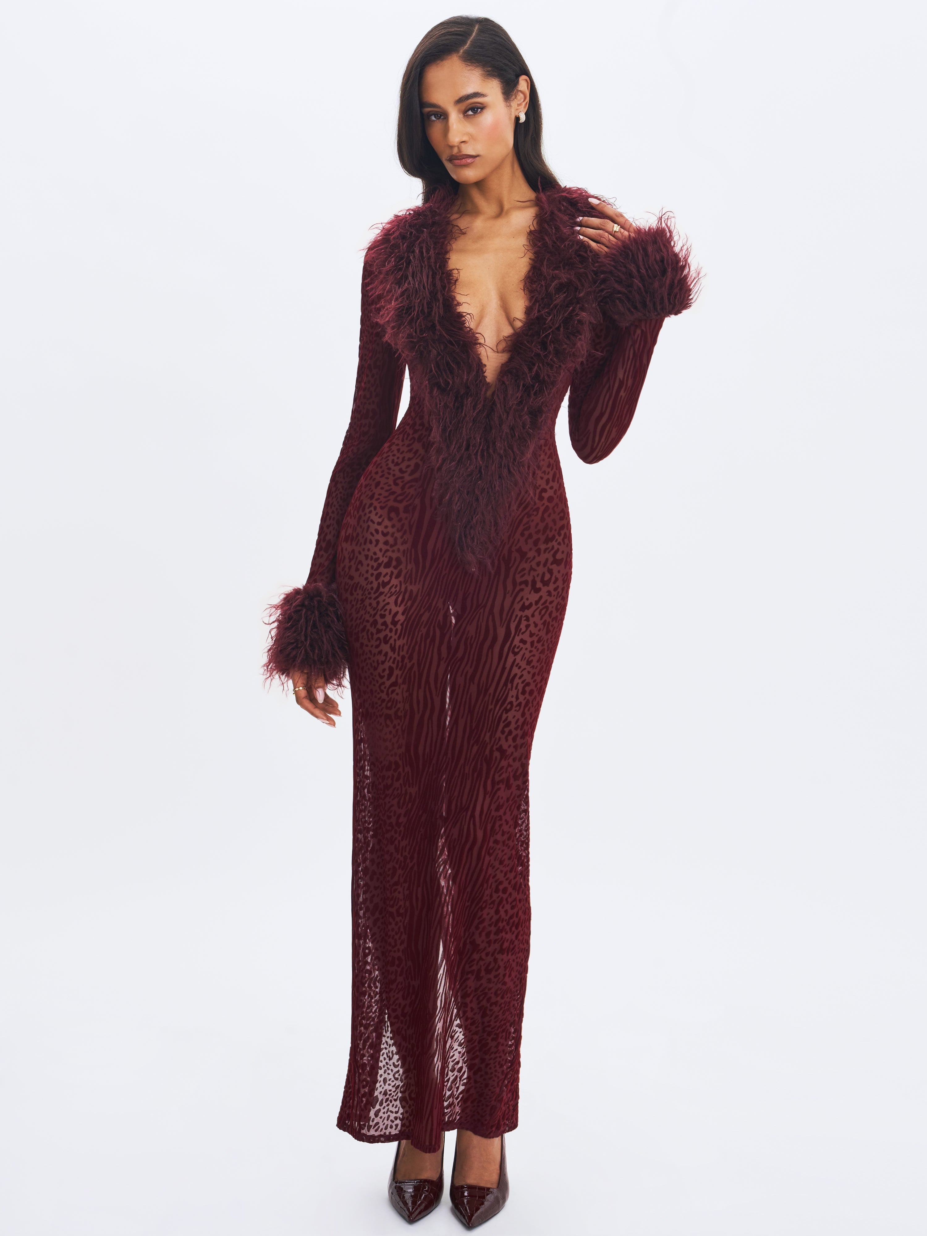 Luana Burgundy Plunging Fur Trimmed Burnout Mesh Maxi Dress