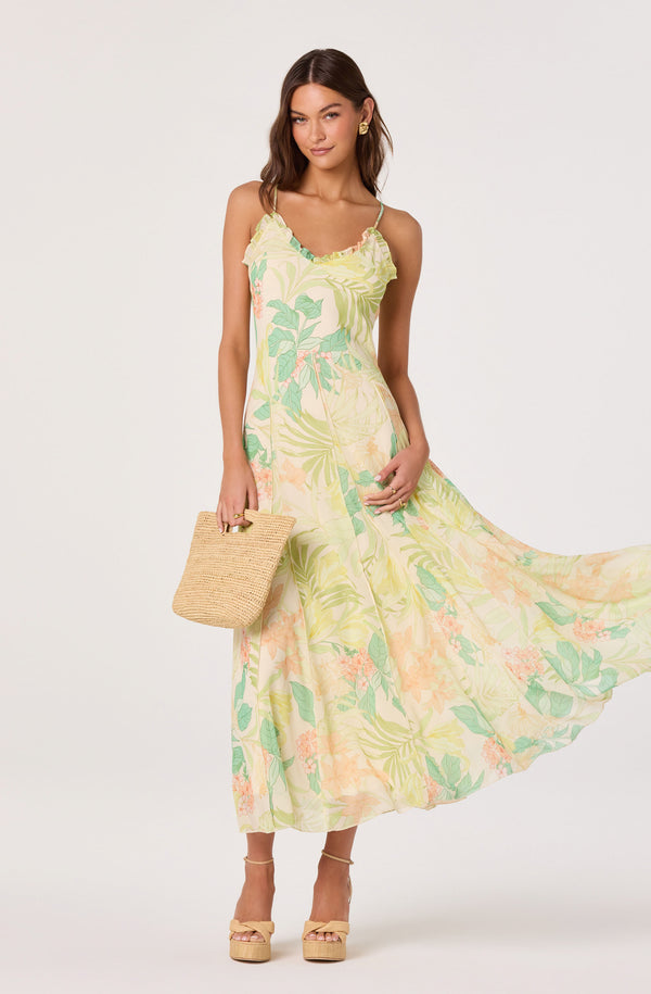 Hana Ruffle Trim Chiffon Maxi Dress - Green peach tropical