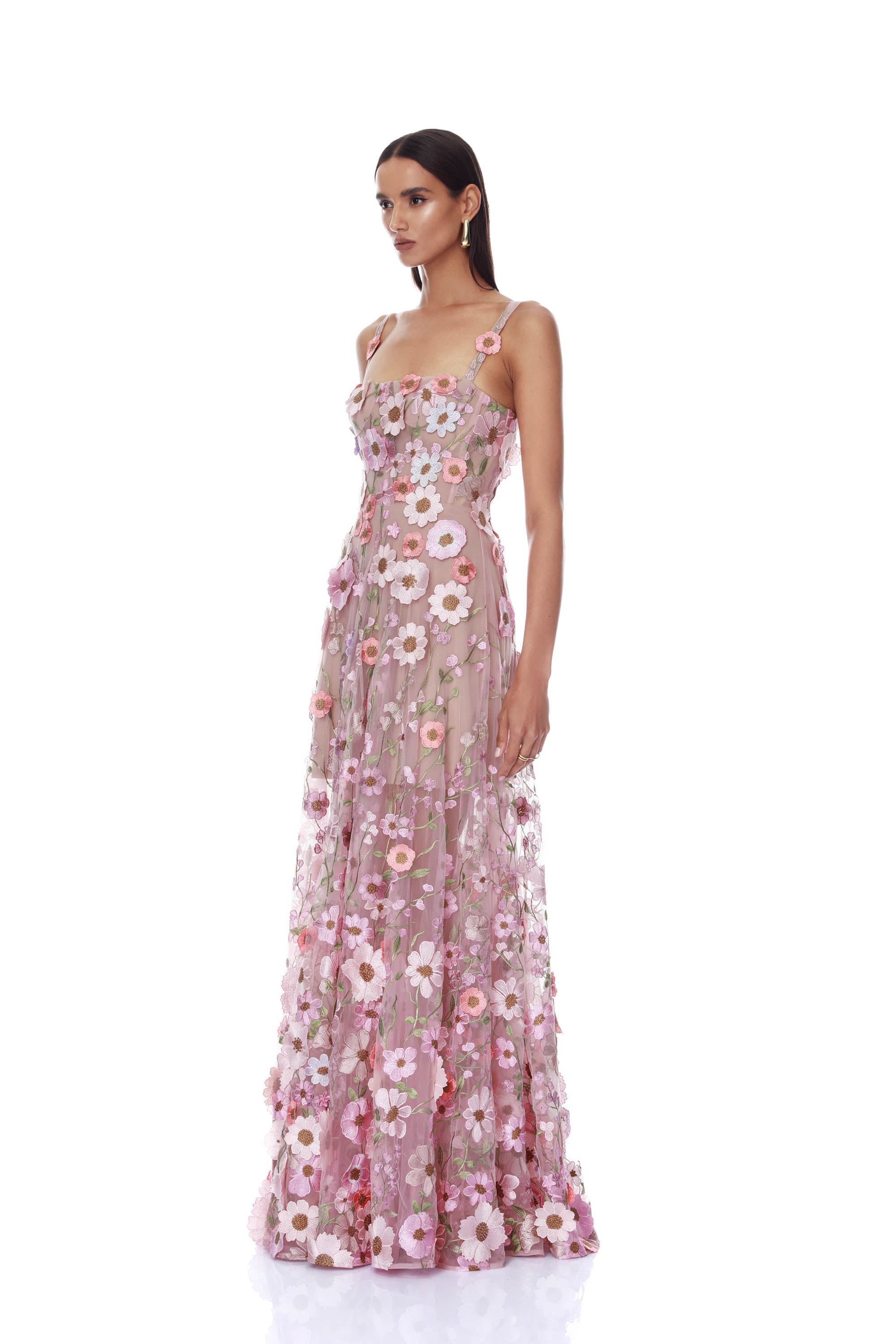 Venice 3D Floral Jasmine Pink Multi Maxi Gown
