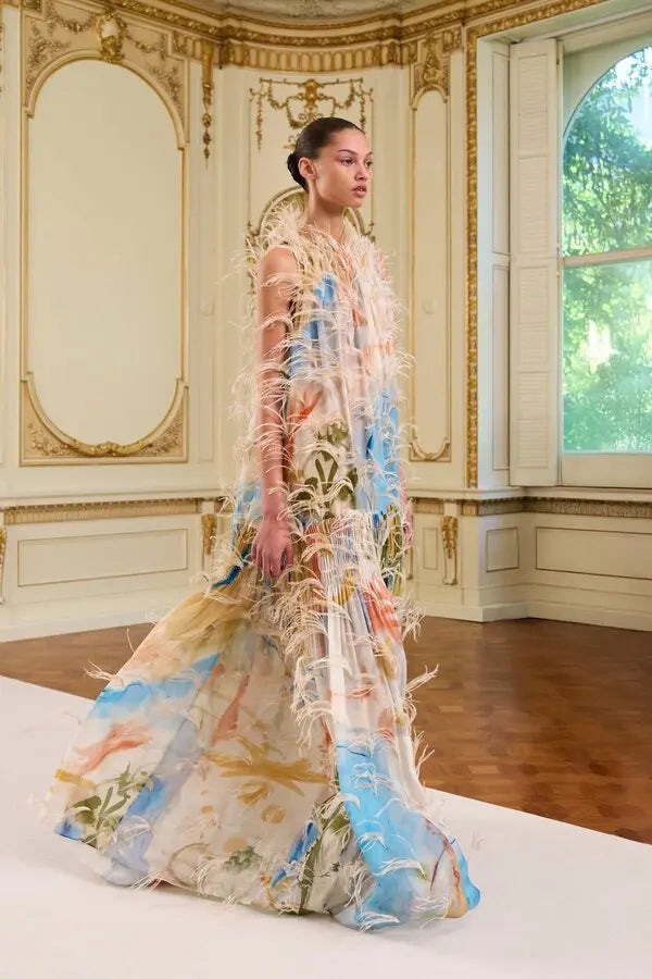 Gossamer Gown With Feather Embroidery