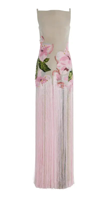 Fringed Embroidered Faille Gown - Pink