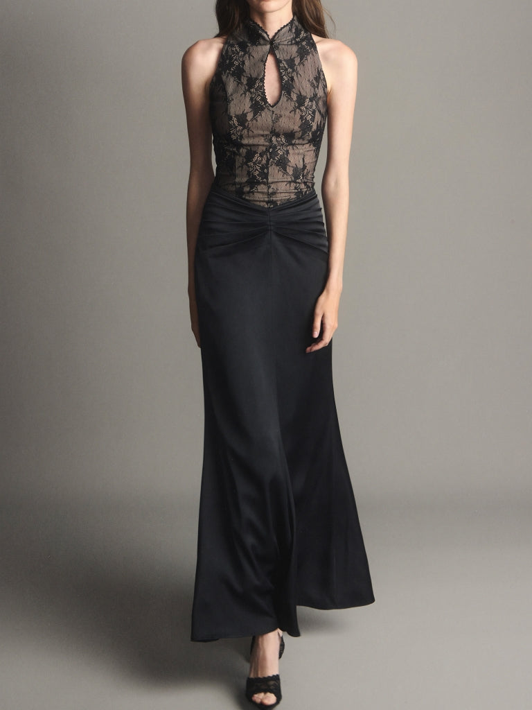 Maxi dress with a lace bodice and hip draping