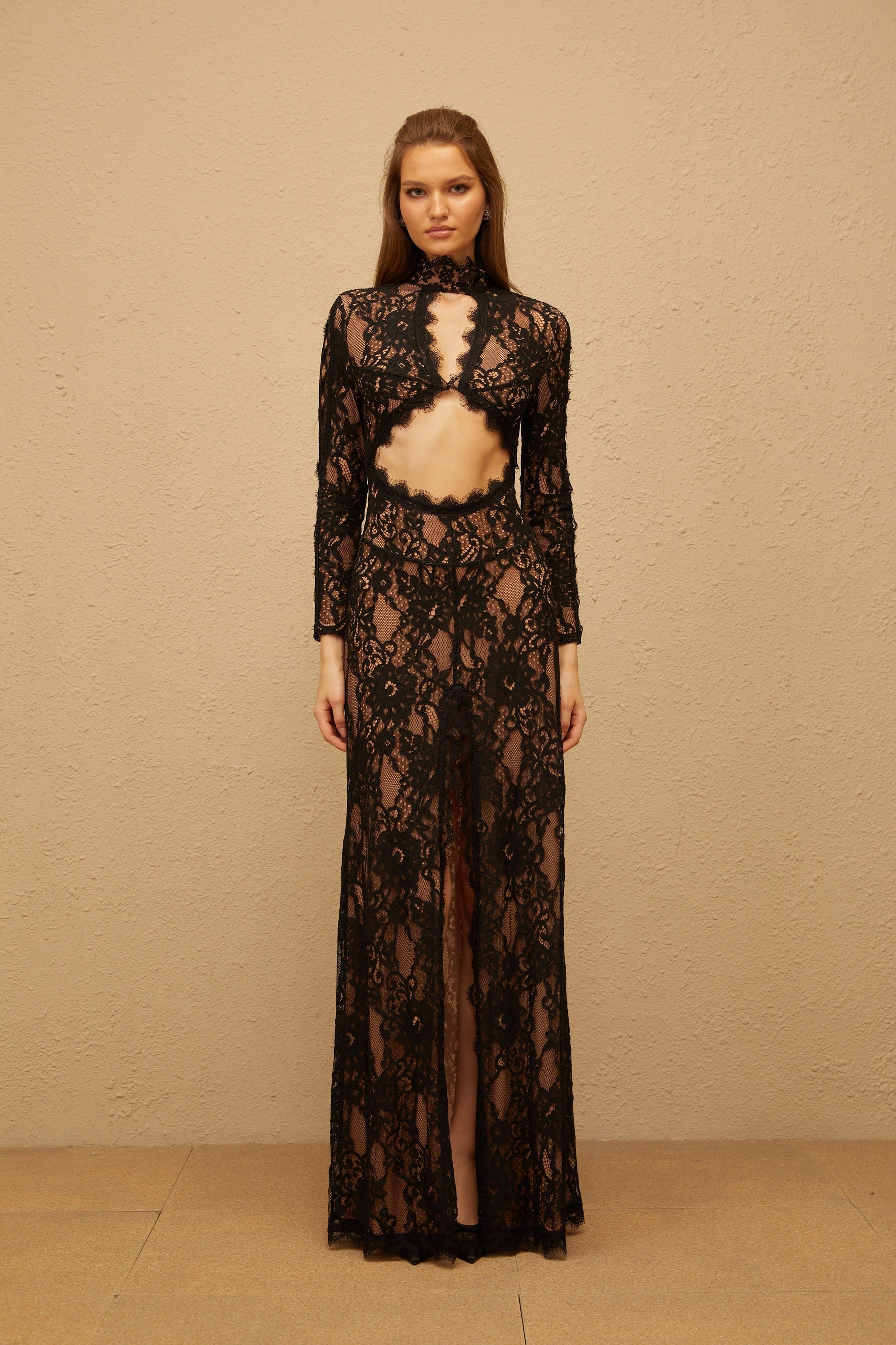 Kenza Black Cut Out Floral Lace Maxi Dress