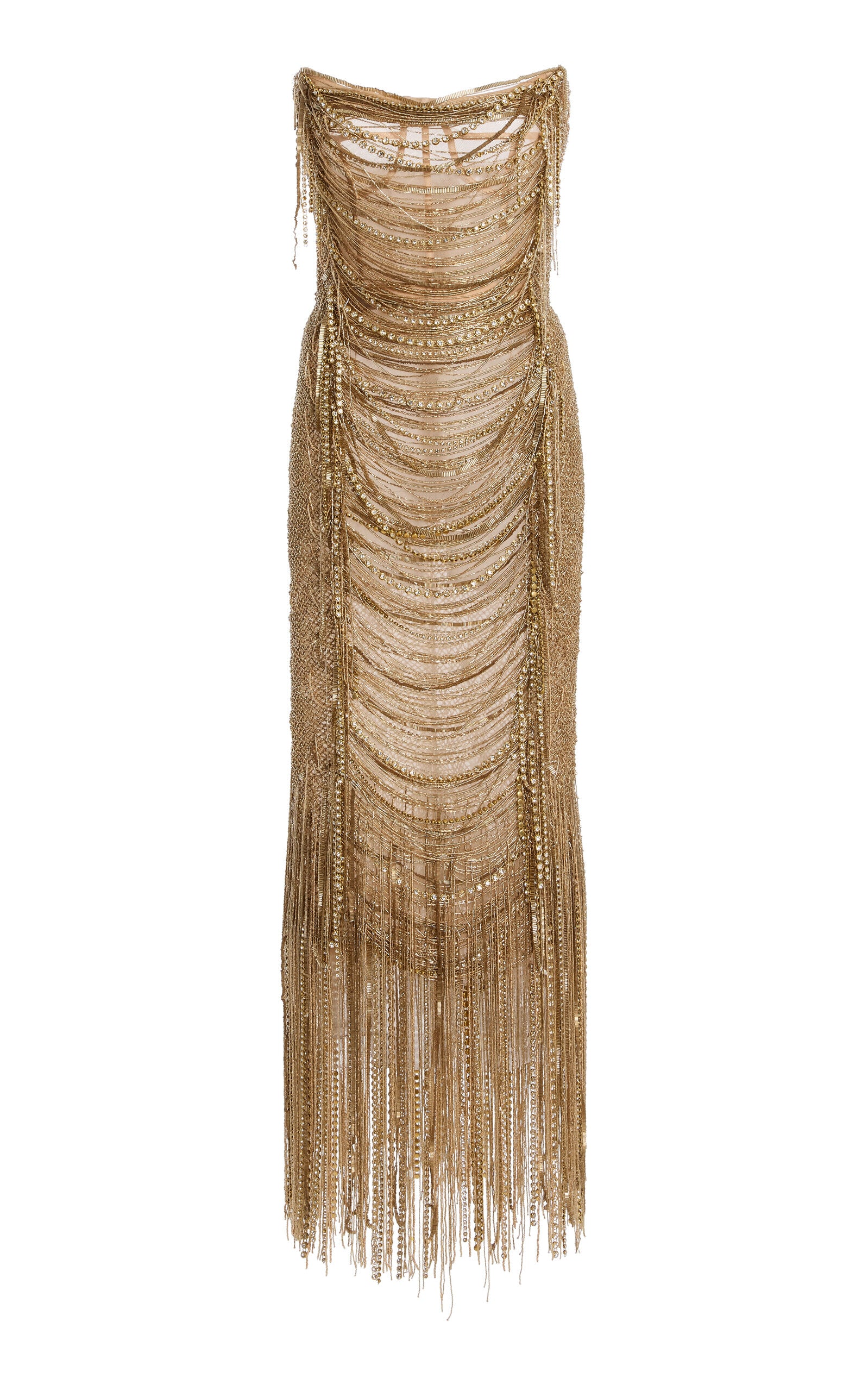 Strapless Bugle Loops Maxi Cocktail Dress - Gold