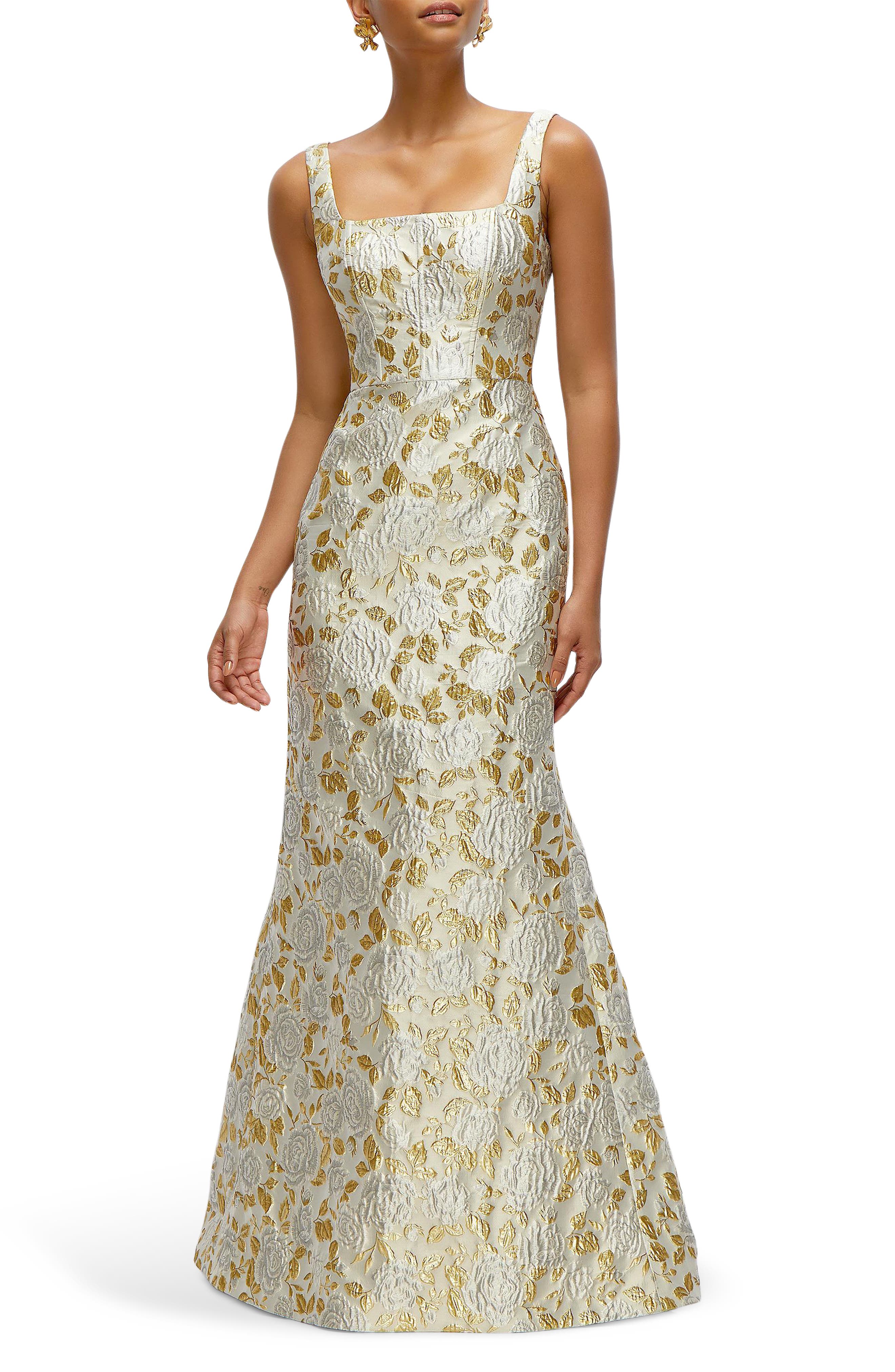 Metallic Floral Brocade Trumpet Gown