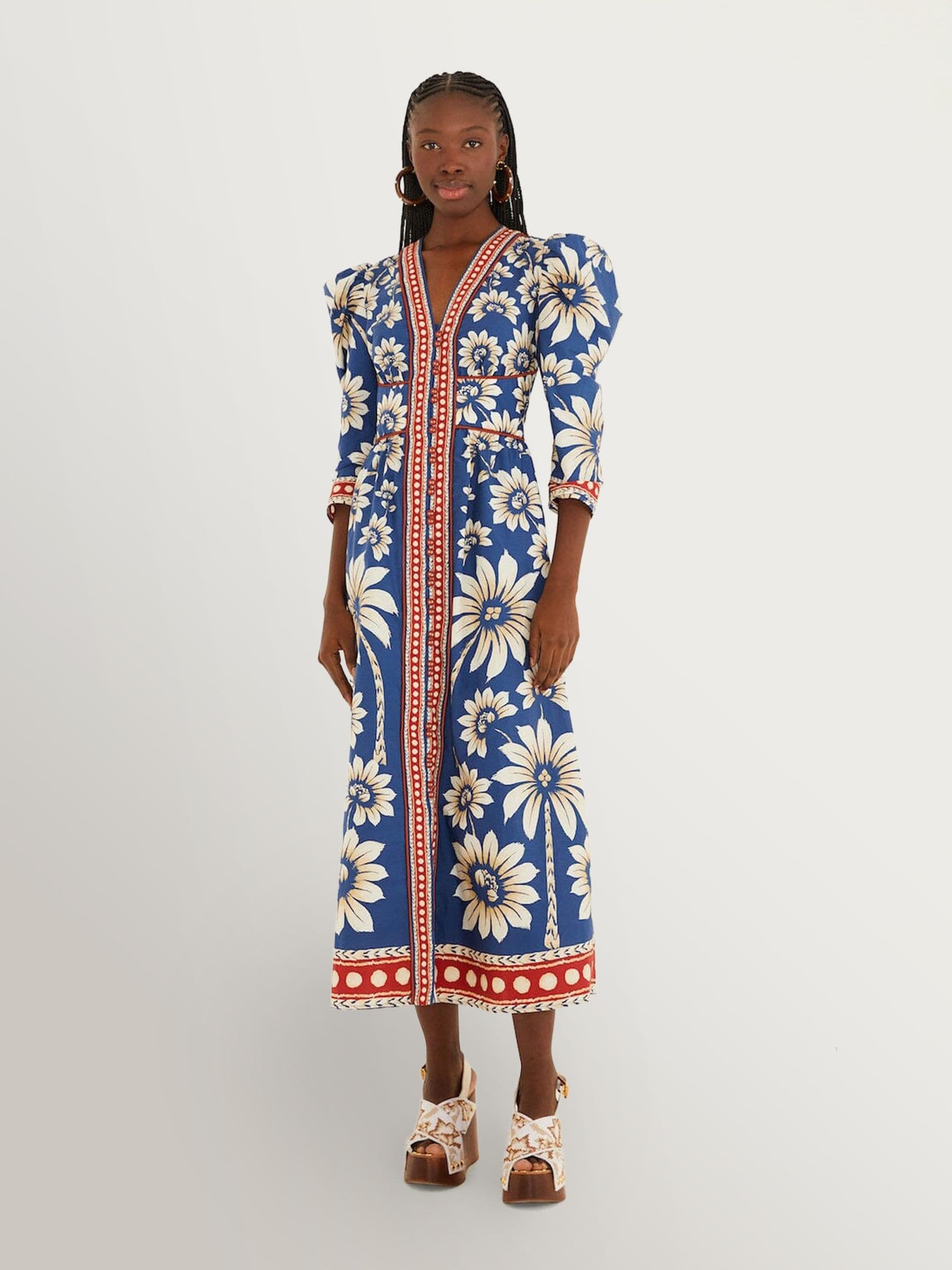 Farm Rio Blue Luna Floral Print Cotton Maxi Dress