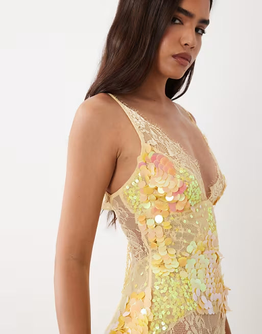 sheer lace cami maxi dress with placement embellishment in yellow