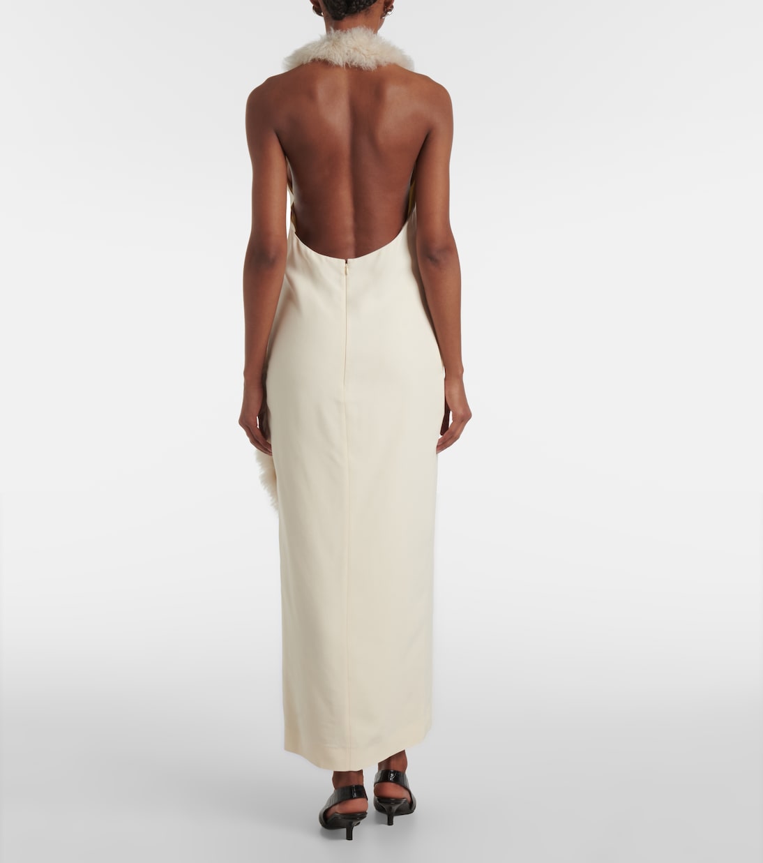 Shearling-trimmed cady midi dress