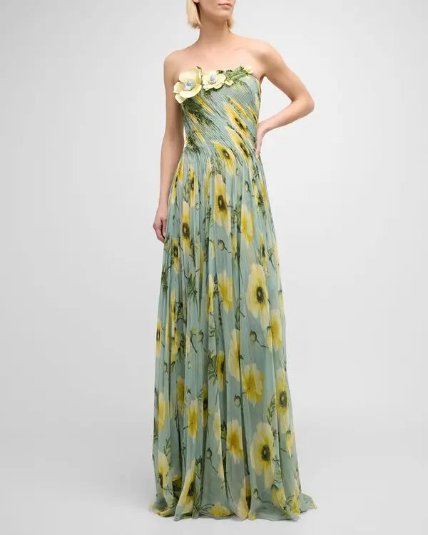 Draped Poppies Chiffon Gown