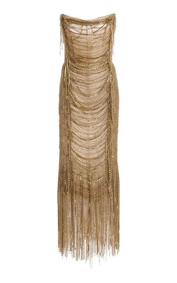 Strapless Bugle Loops Maxi Cocktail Dress - Gold
