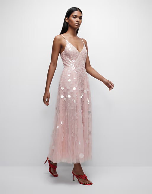 sequin embellished cami midi dress with full skirt in soft pink