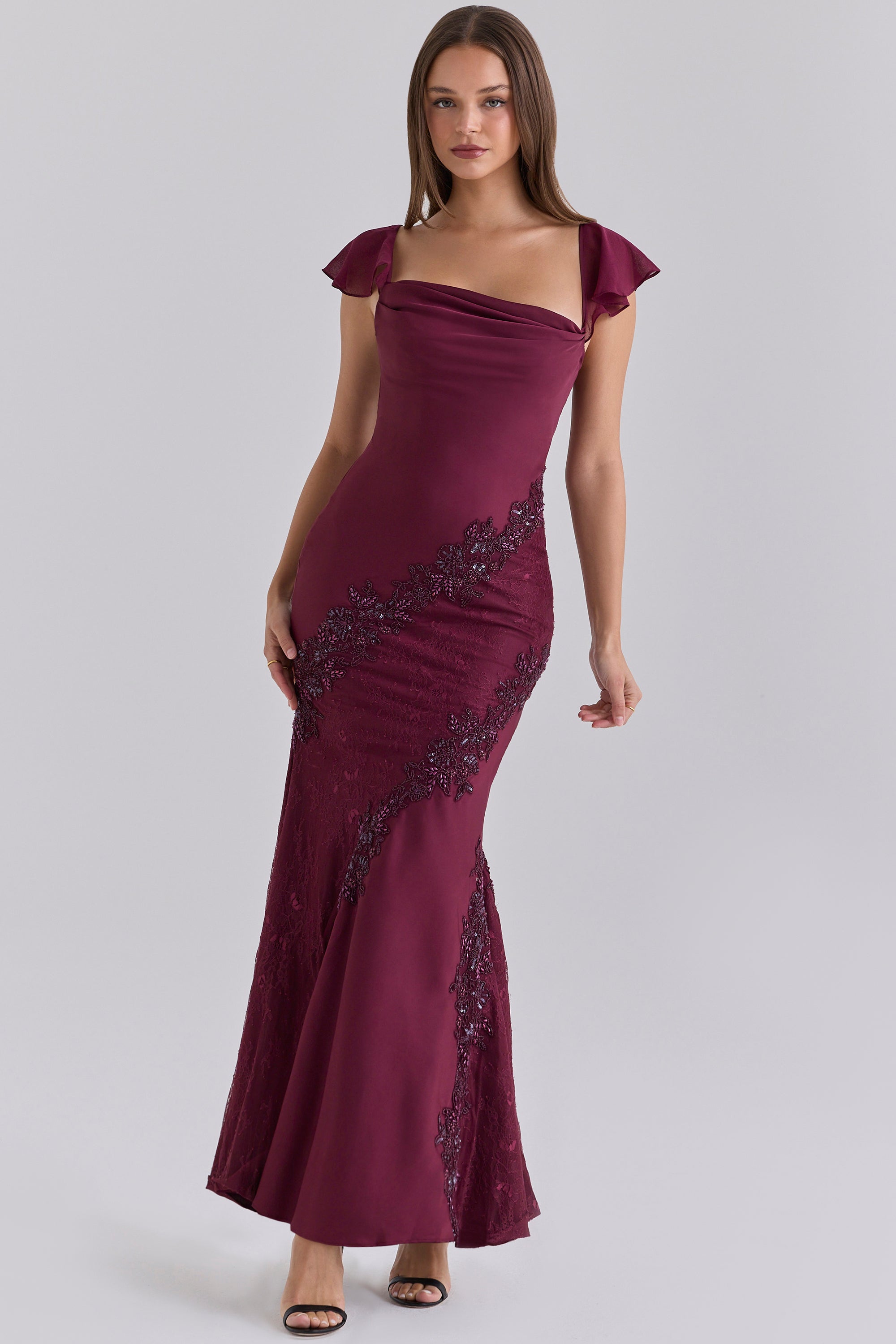 Sevrine Cabernet Satin Custom Hand Embellished Maxi Dress