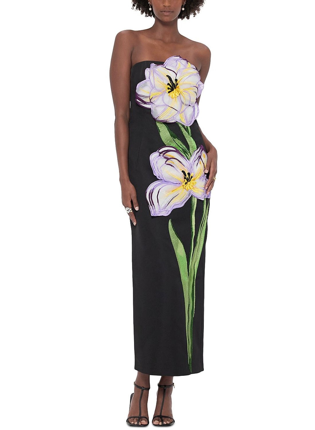 Leo Lin Womens Rayna Appliqué Floral Maxi Dress 6 Ebony - NWT