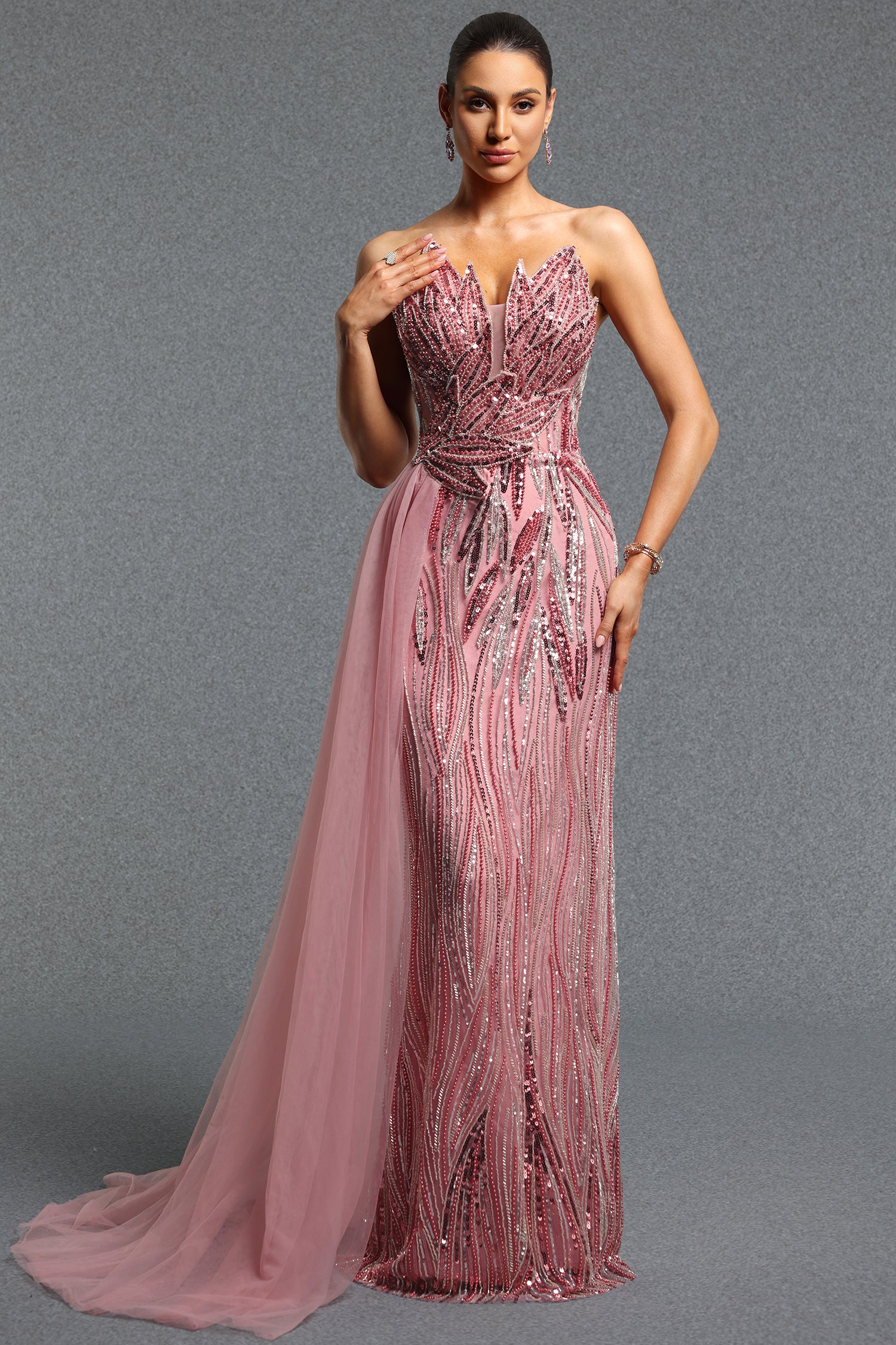 Derza Gorgeous Contour Strapless Sequin Mesh Train Maxi Dress