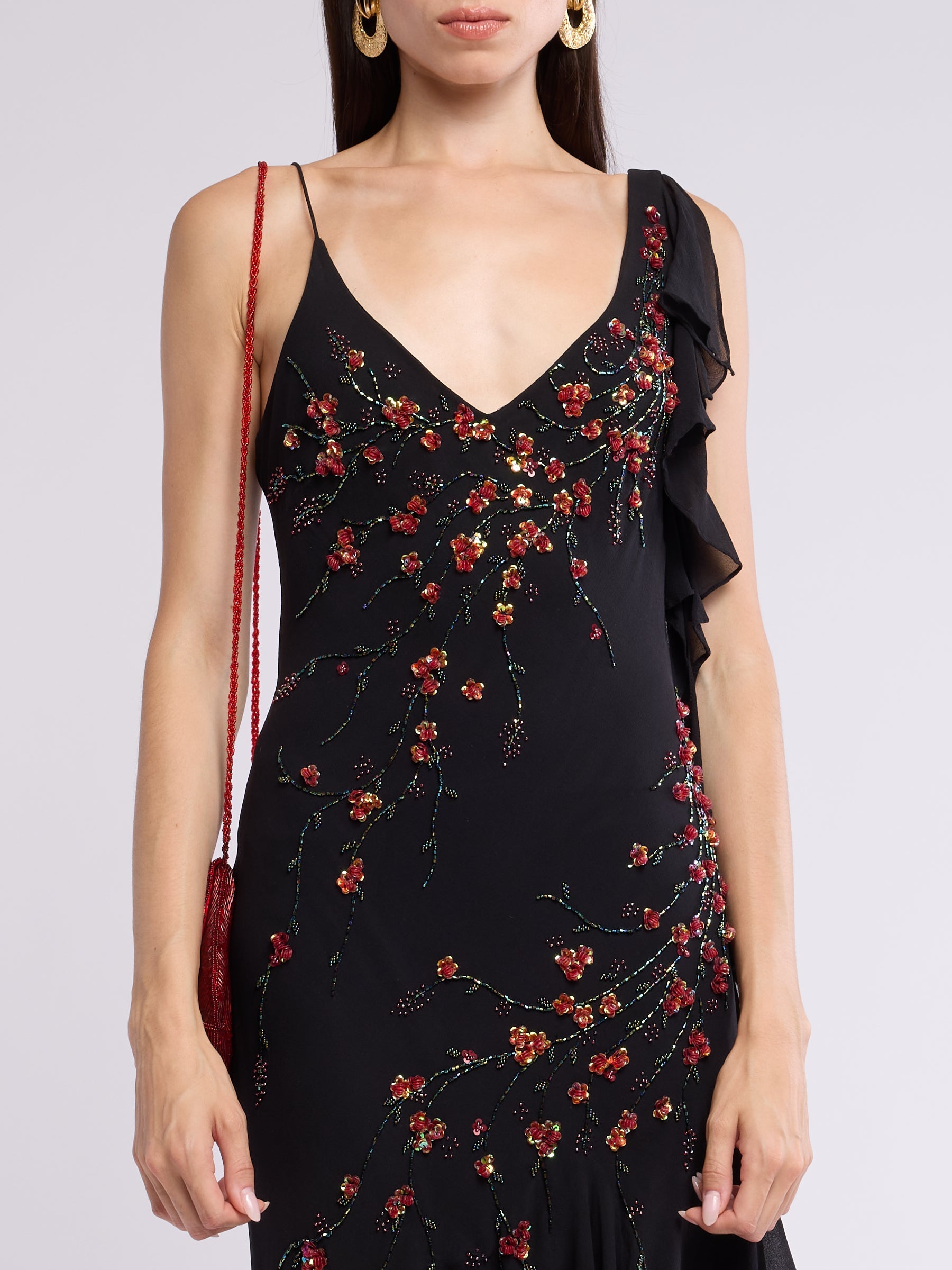Sue Wong 2000s Floral Asymmetric Ruffle Dress