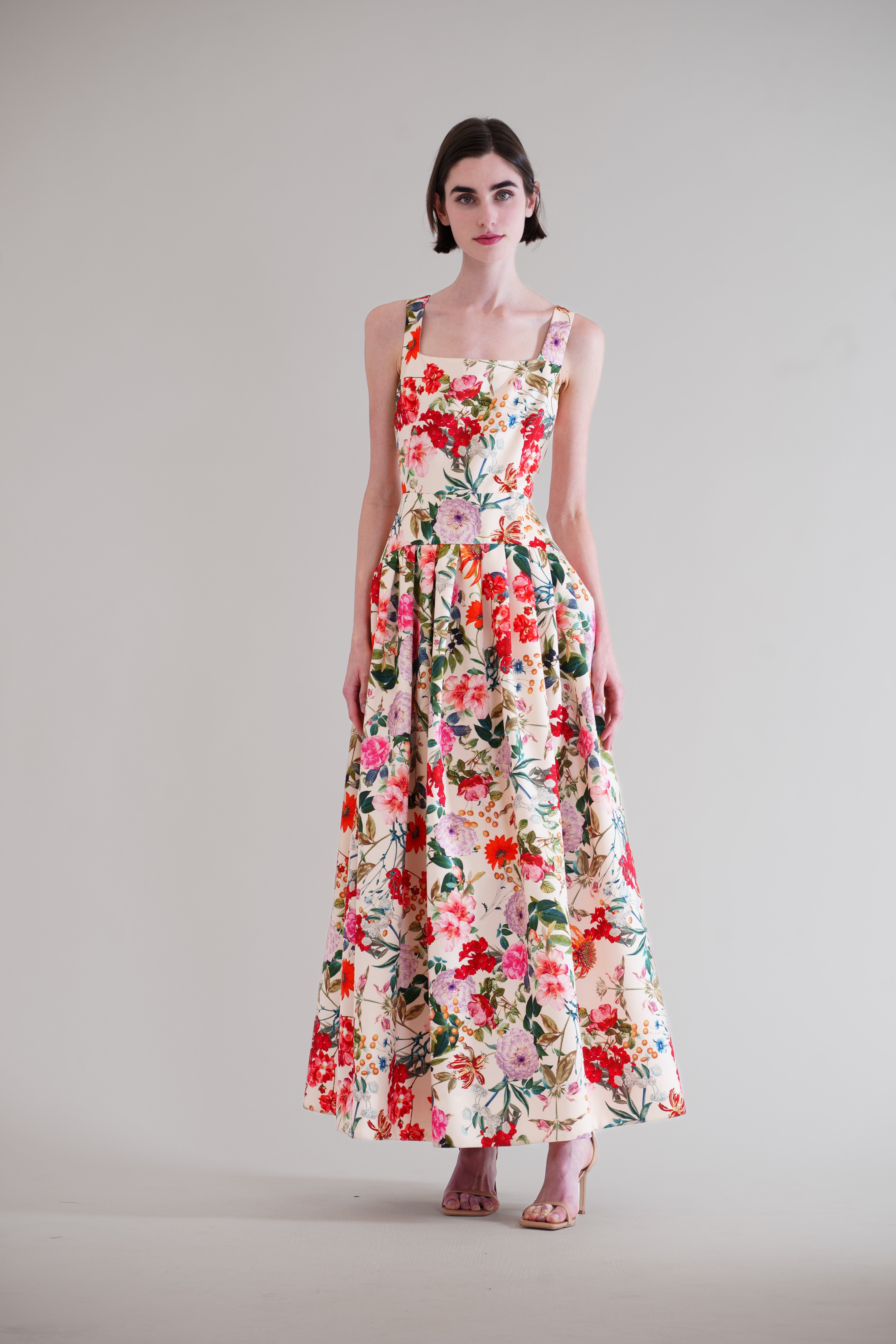 SQUARE NECK DROP WAIST W PLEATED LONG DRESS