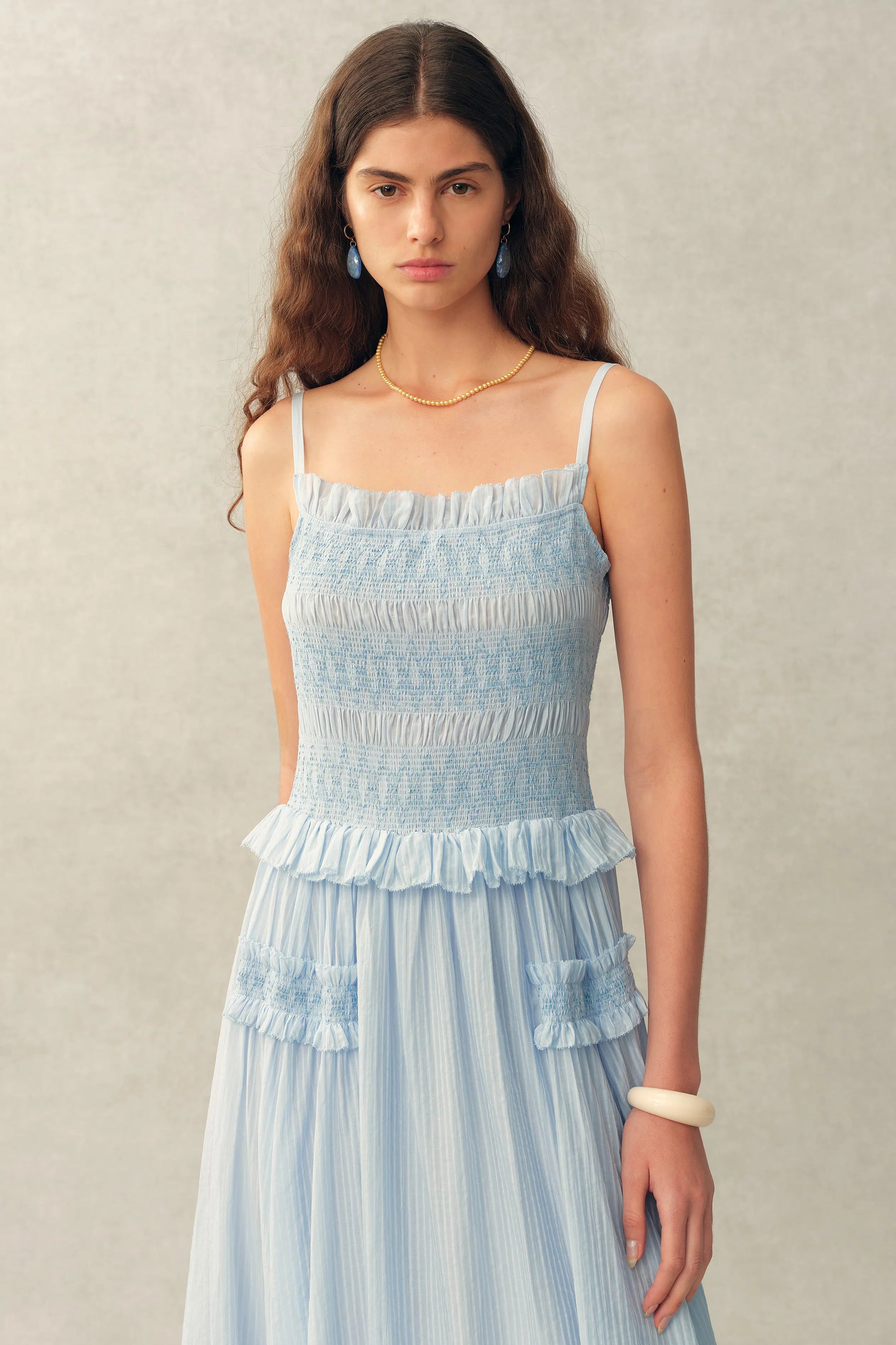 Cirra Smocked Ruffle Trim Striped Sleeveless Cami Dress in Sheer Fabric