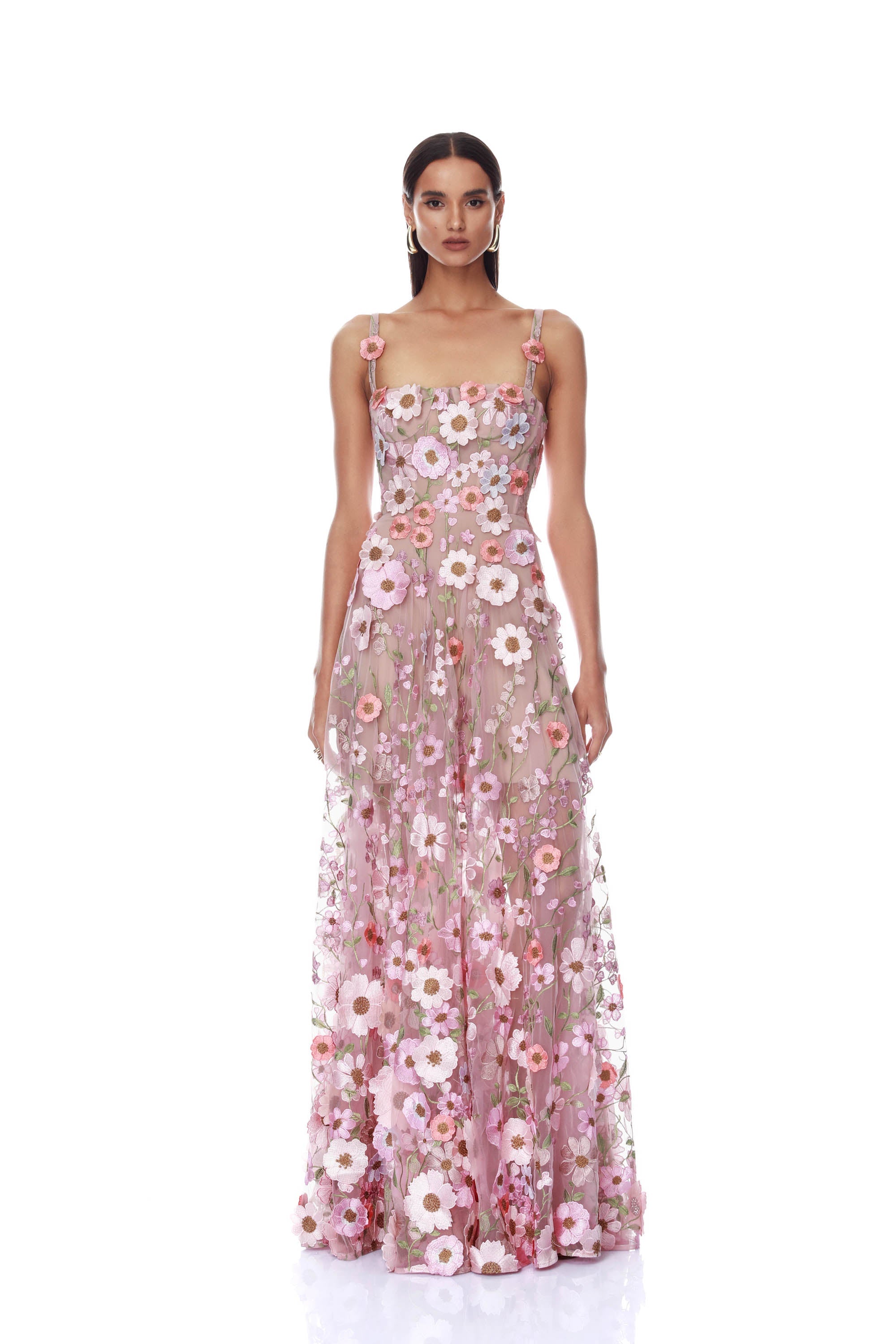 Venice 3D Floral Jasmine Pink Multi Maxi Gown