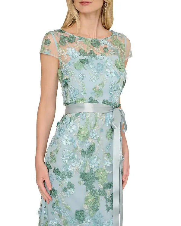 Embroidered Belted Gown - Sage