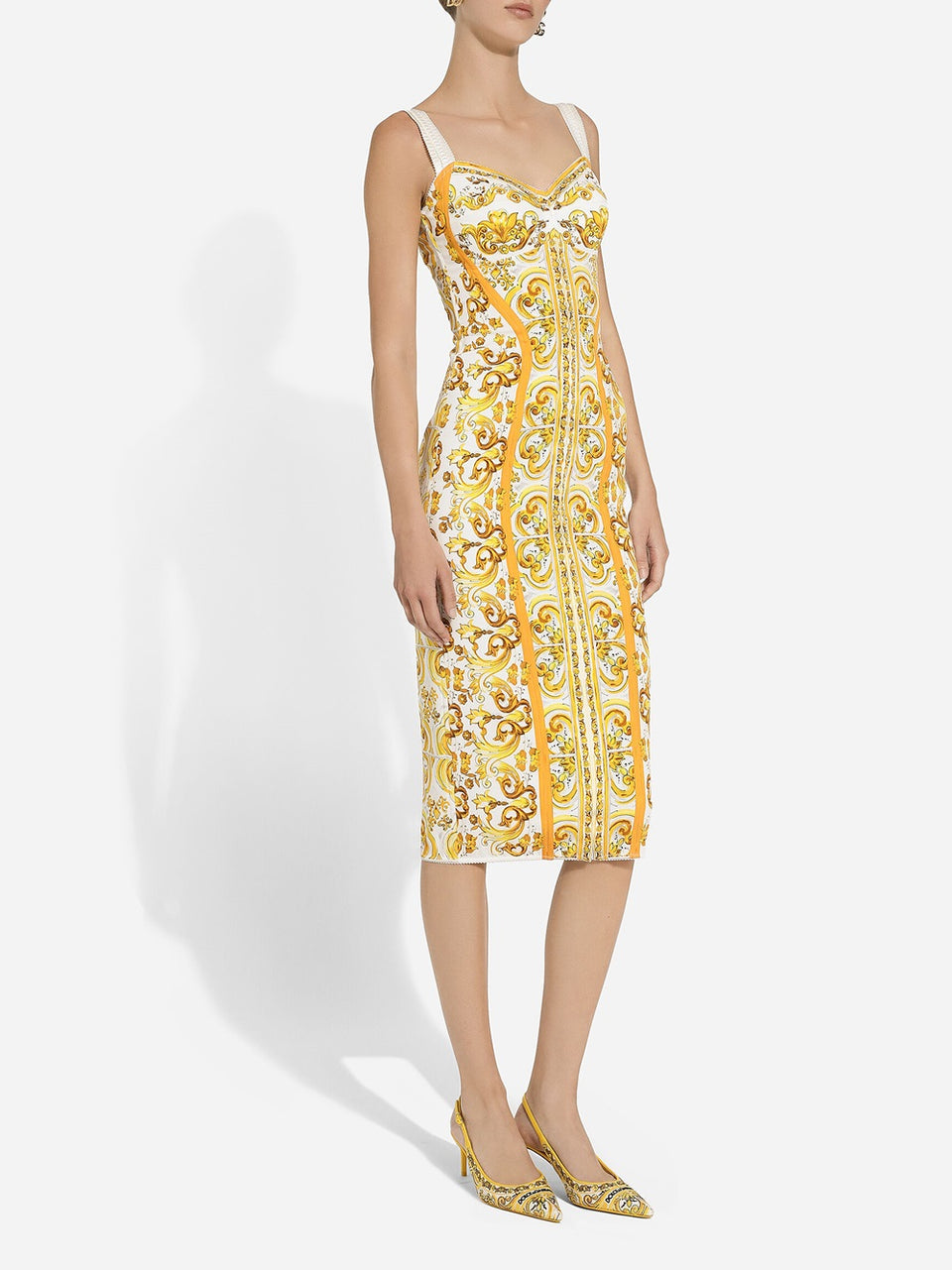 Dolce & Gabbana Maiolica Print Silk Charmeuse Bustier Dress: - Yellow & Orange / 40