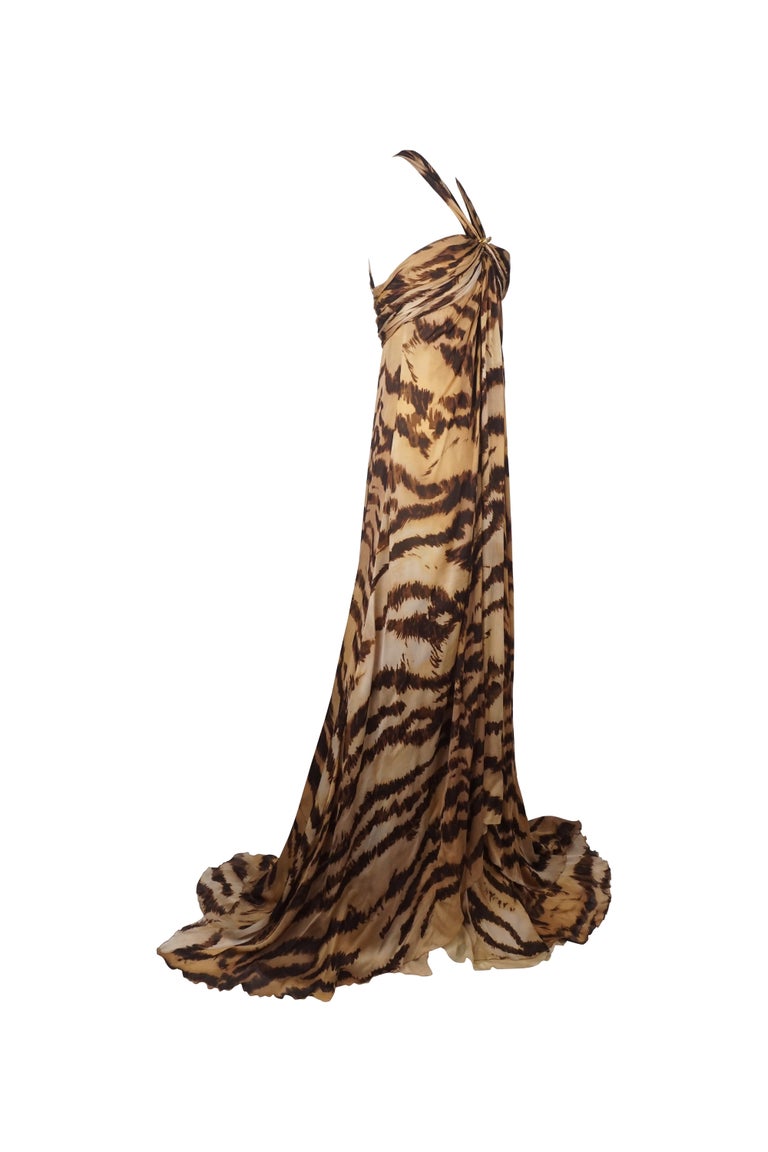 ROBERTO CAVALLI S/s 2007 Tiger Print Golden Snake Hardware Halter Flared Dress
