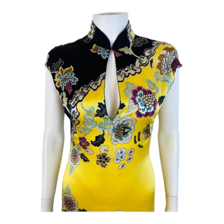Vintage Roberto Cavalli P/E 2003 Mini Abito in Seta Floreale Giallo Chinoiserie