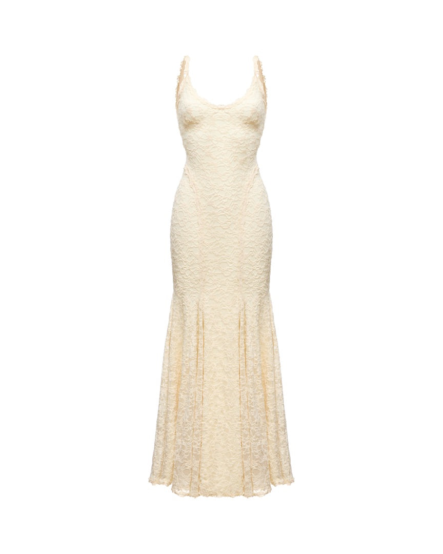 Ivory Scoop Neck Lace Mermaid Maxi Dress