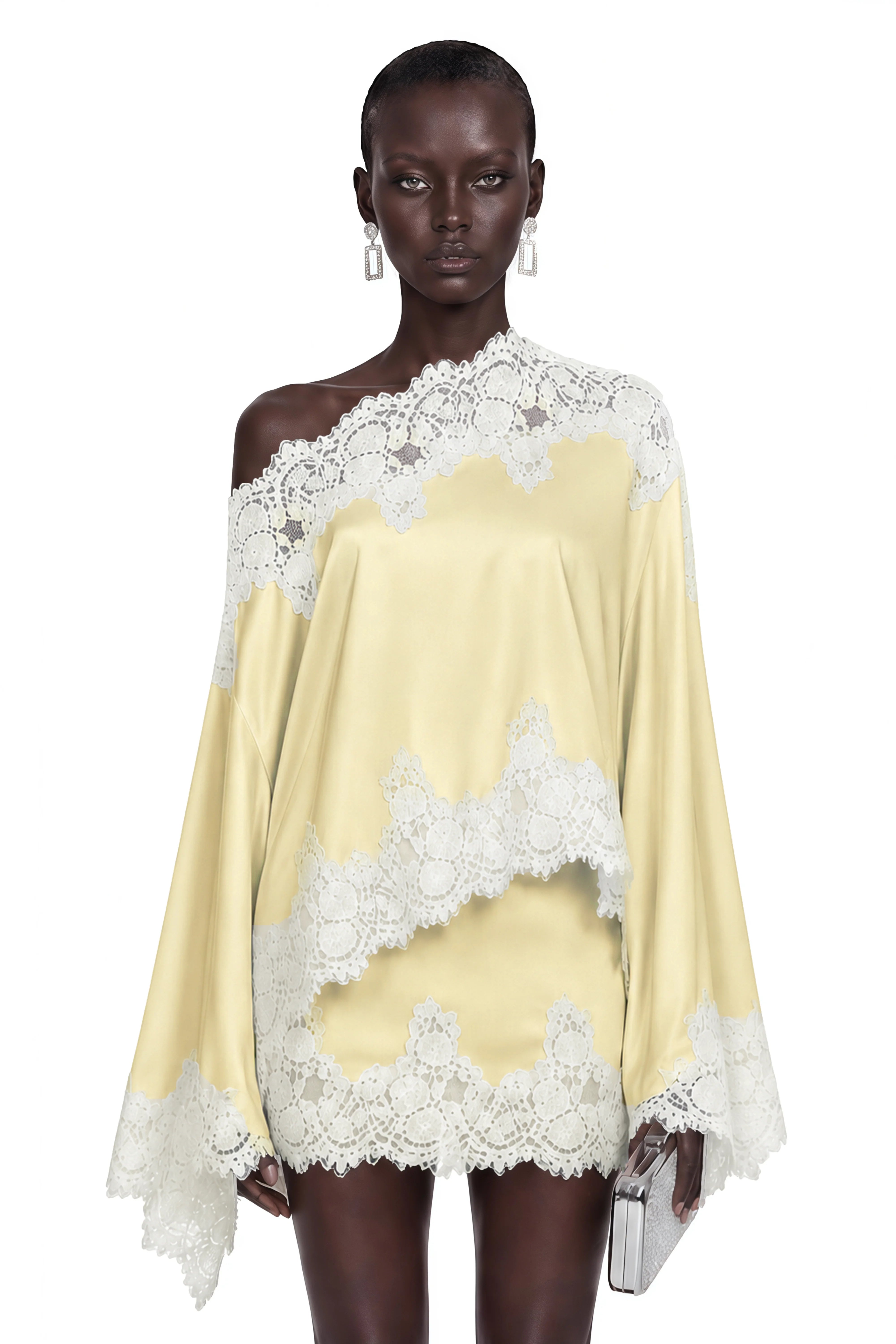 Sophia Yellow One Shoulder Top & Skirt Set with Lace Trim