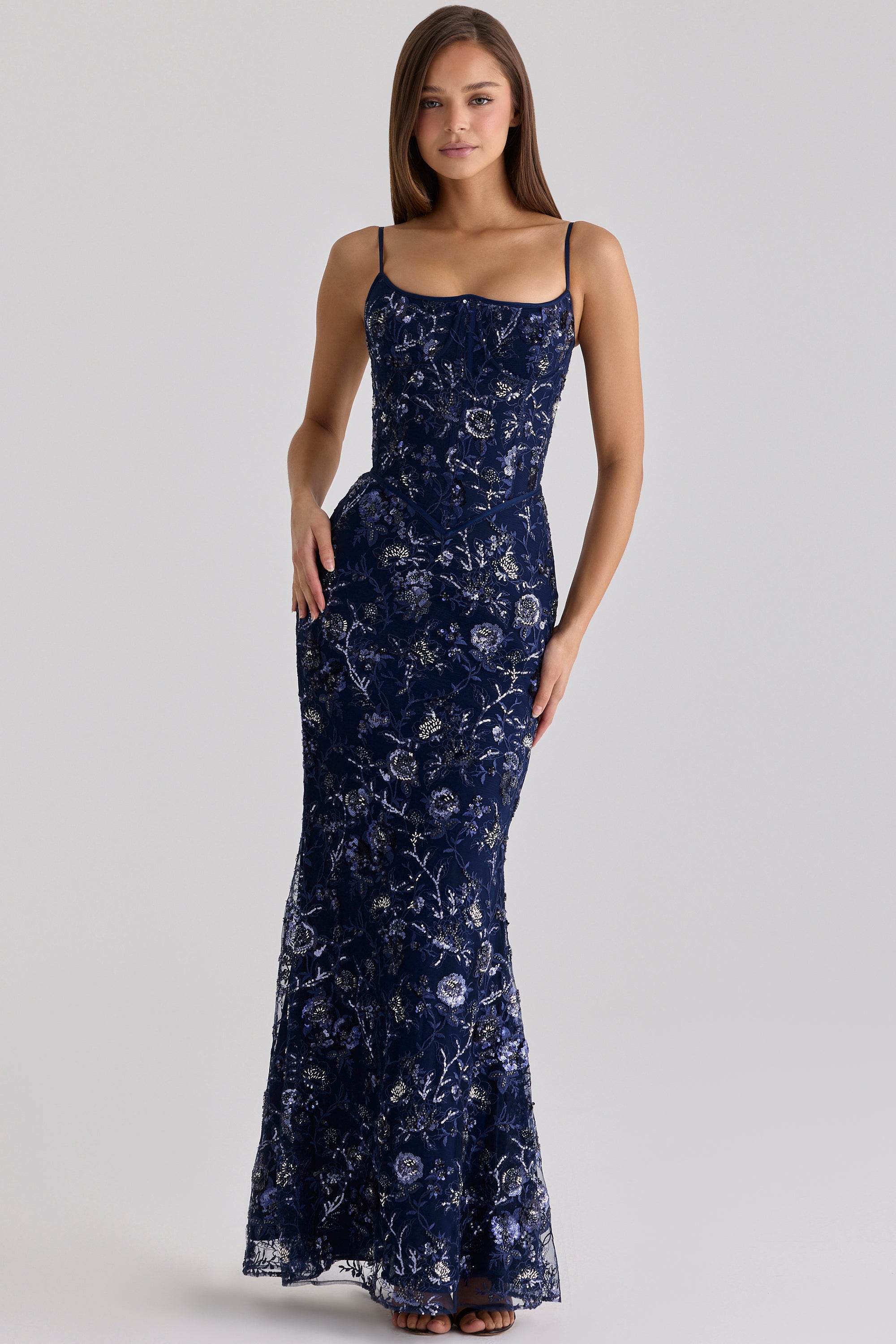 Naima Navy Hand Beaded Embellished Corset Maxi Dress