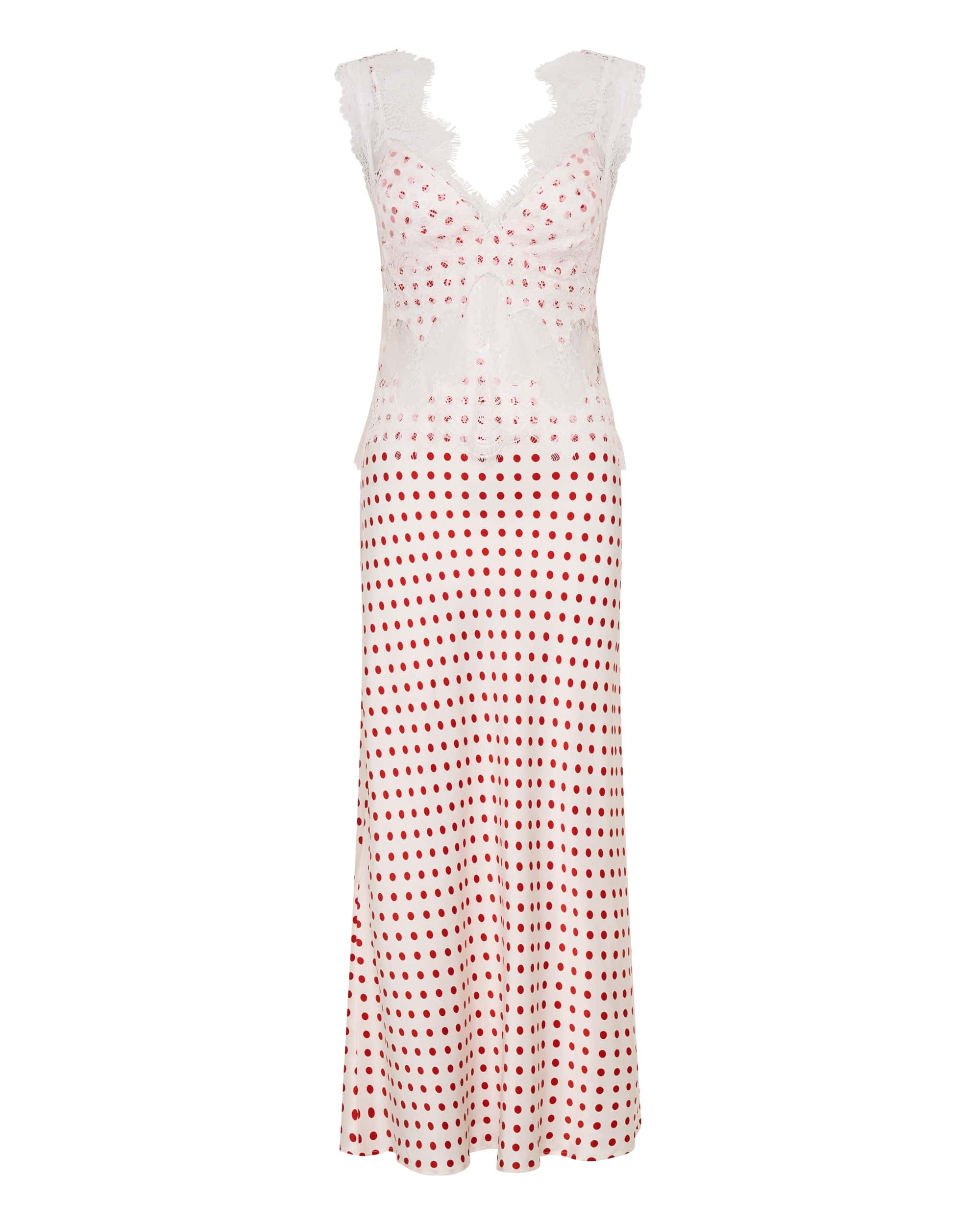 VISIONS LACE DEEP V MAXI DRESS | RED POLKA DOT