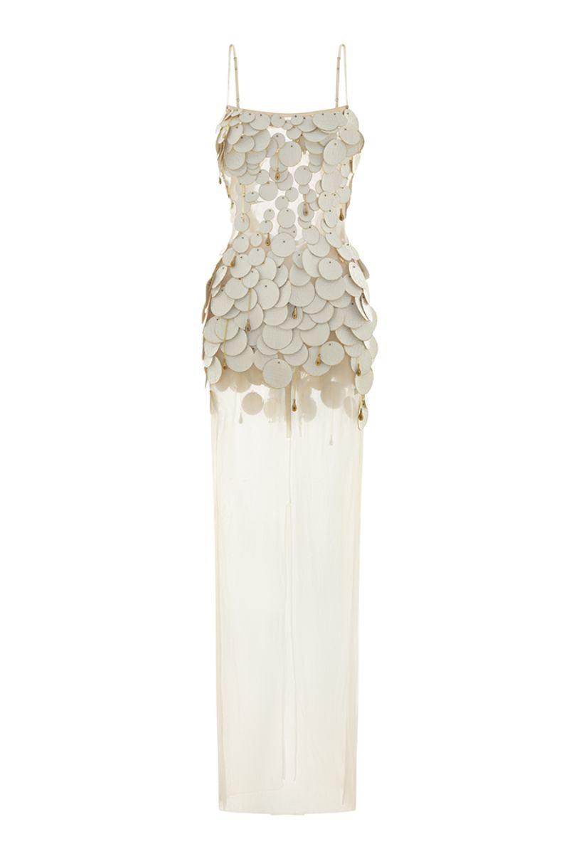 SERAPHINA DRESS IN CREAM WHITE - Nude Mesh White Embellishment