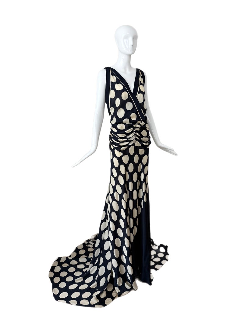 Abito da sera in seta blu notte con pois avorio, collezione Donna Karan 2003