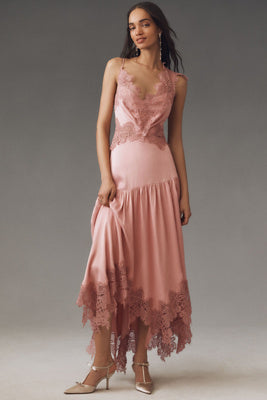Evelyn Lace V-Neck High-Low Midi Dress