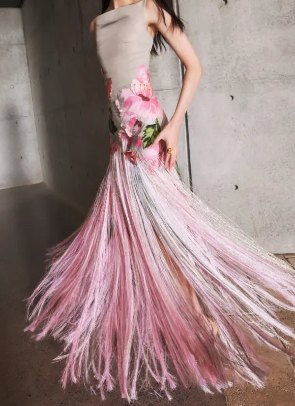 Fringed Embroidered Faille Gown - Pink
