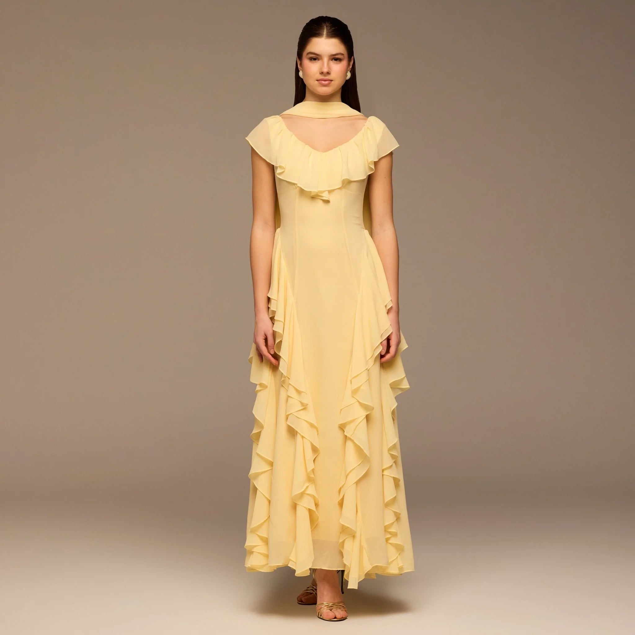 Yellow Ruffle Chiffon Maxi Dress