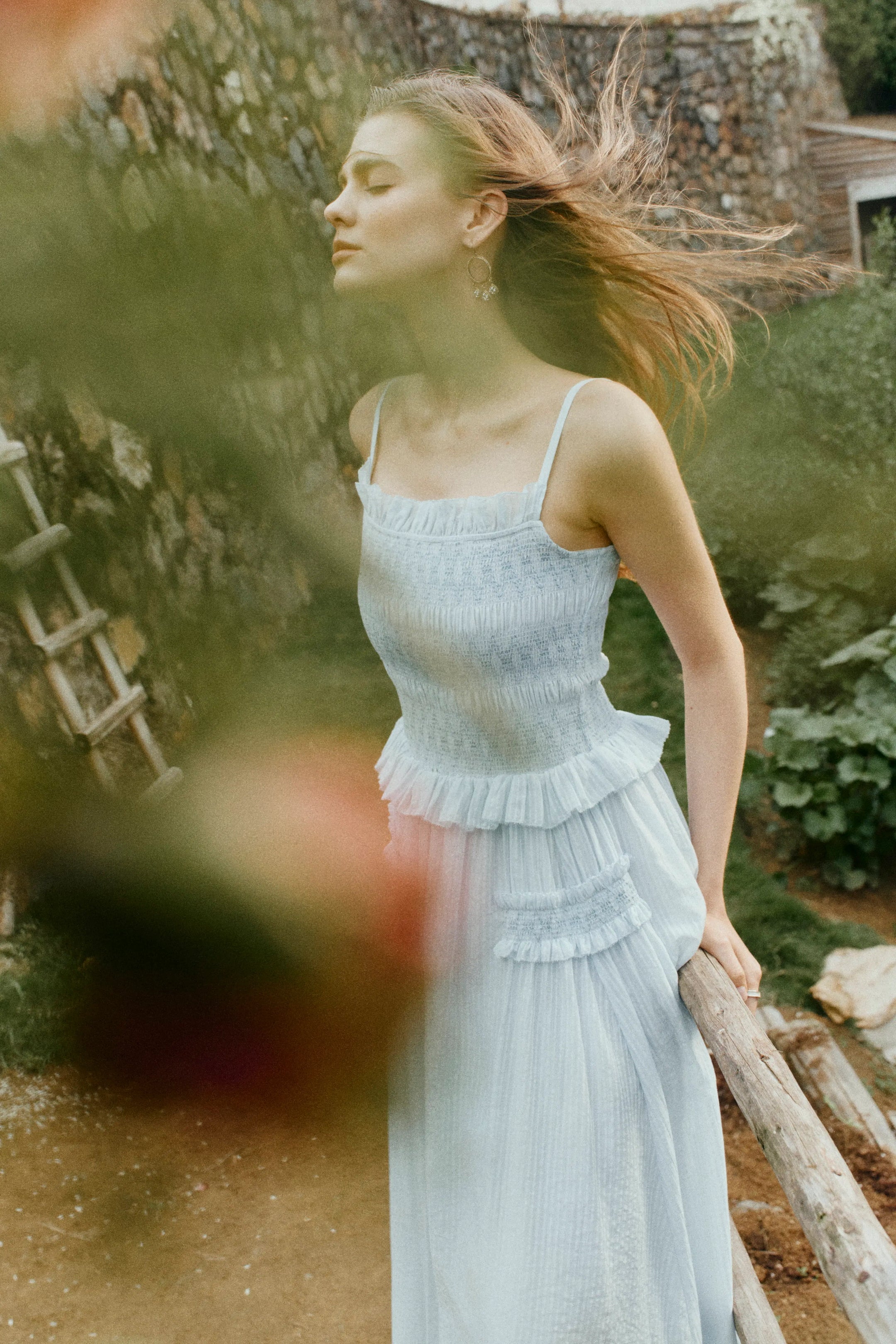 Cirra Smocked Ruffle Trim Striped Sleeveless Cami Dress in Sheer Fabric