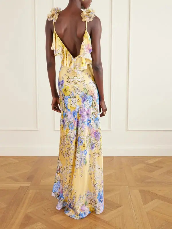 Appliquéd Embellished Floral-print Silk-satin Maxi Dress - Multi