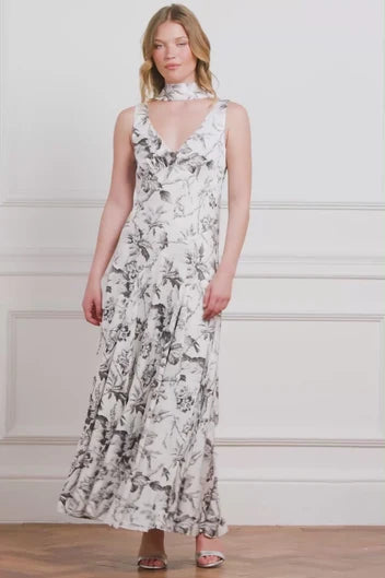 Marie Toile De Jouy Jacquard V-Neck Gown