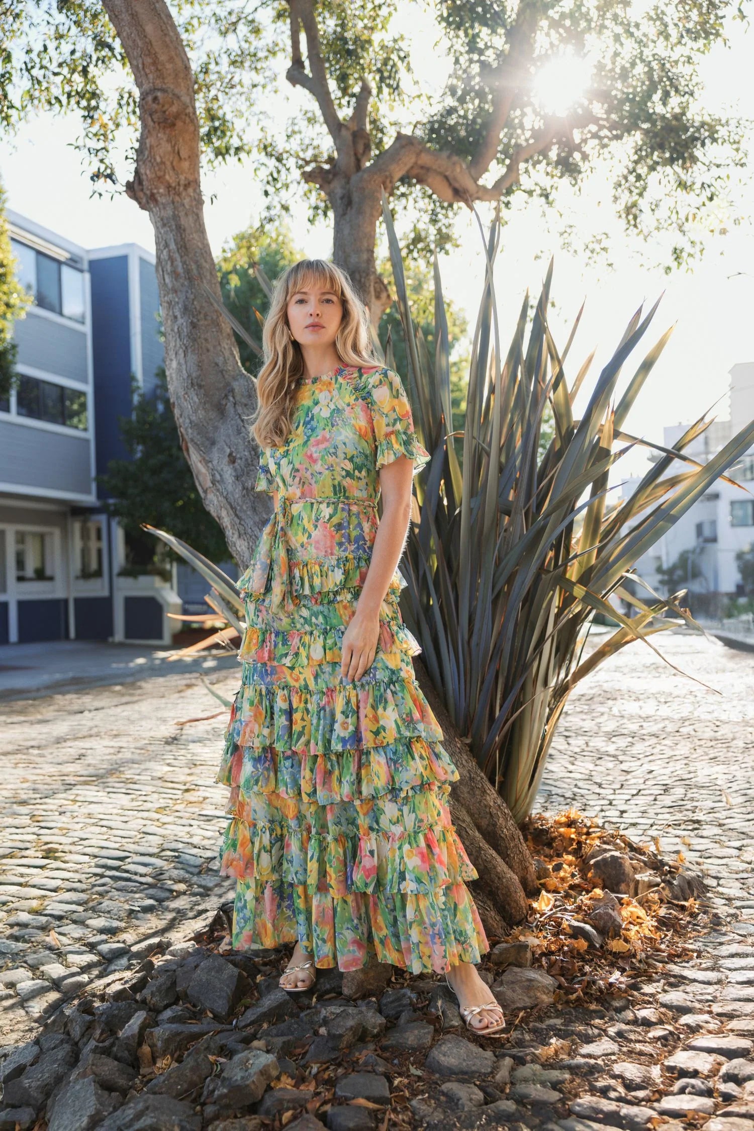 Green Ruffle Tiered Chiffon Floral Dress