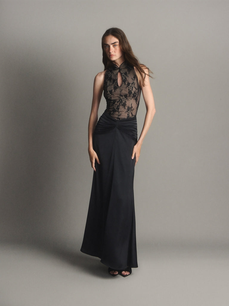 Maxi dress with a lace bodice and hip draping