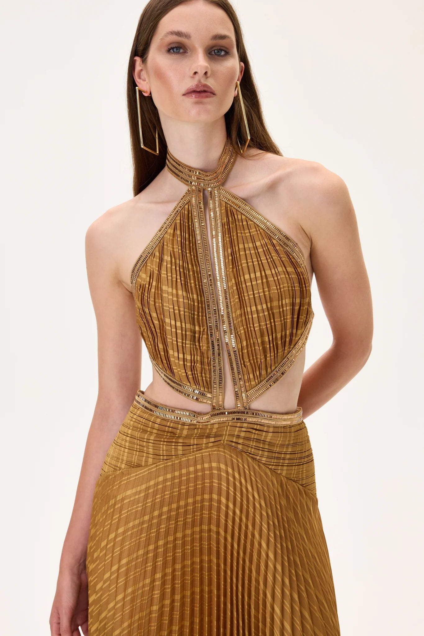 Pleated Chiffon Maxi Dress With Gold Rhinestone Borders