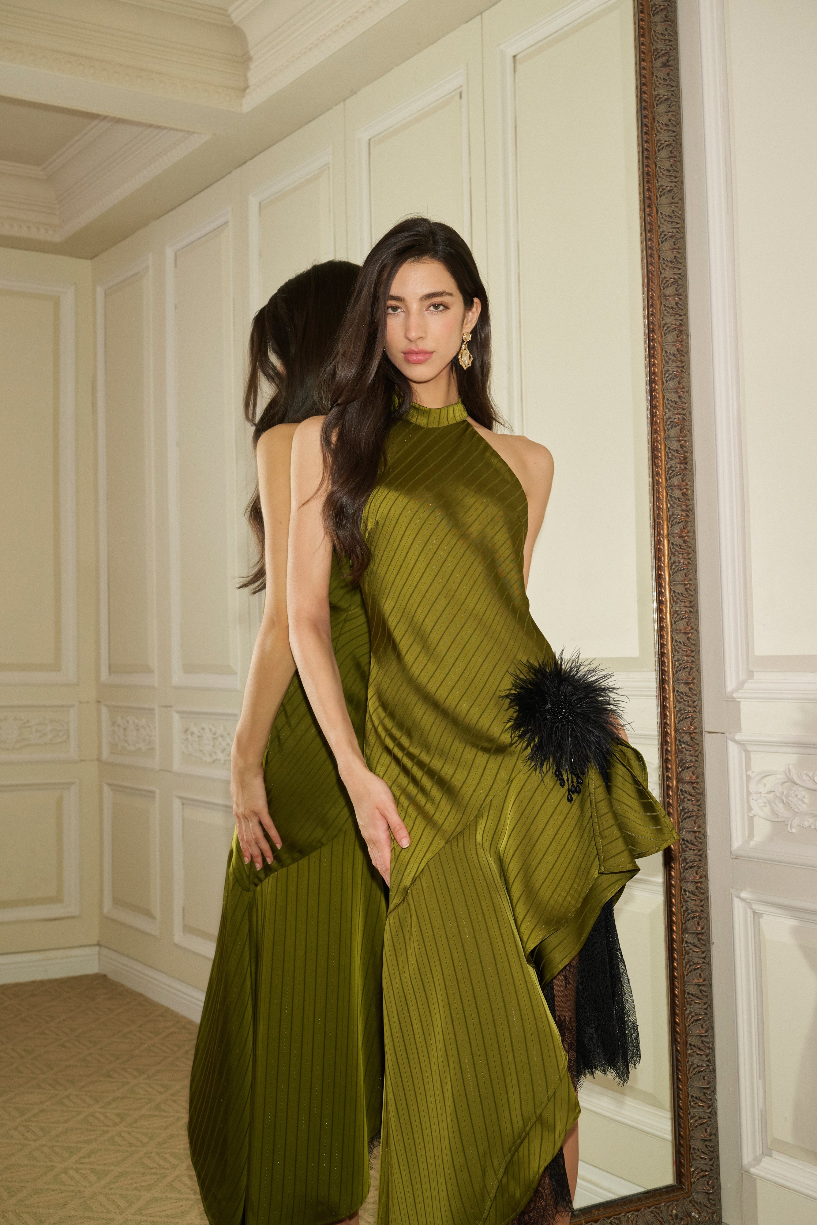 Pinstripe ostrich feather asymmetric dress