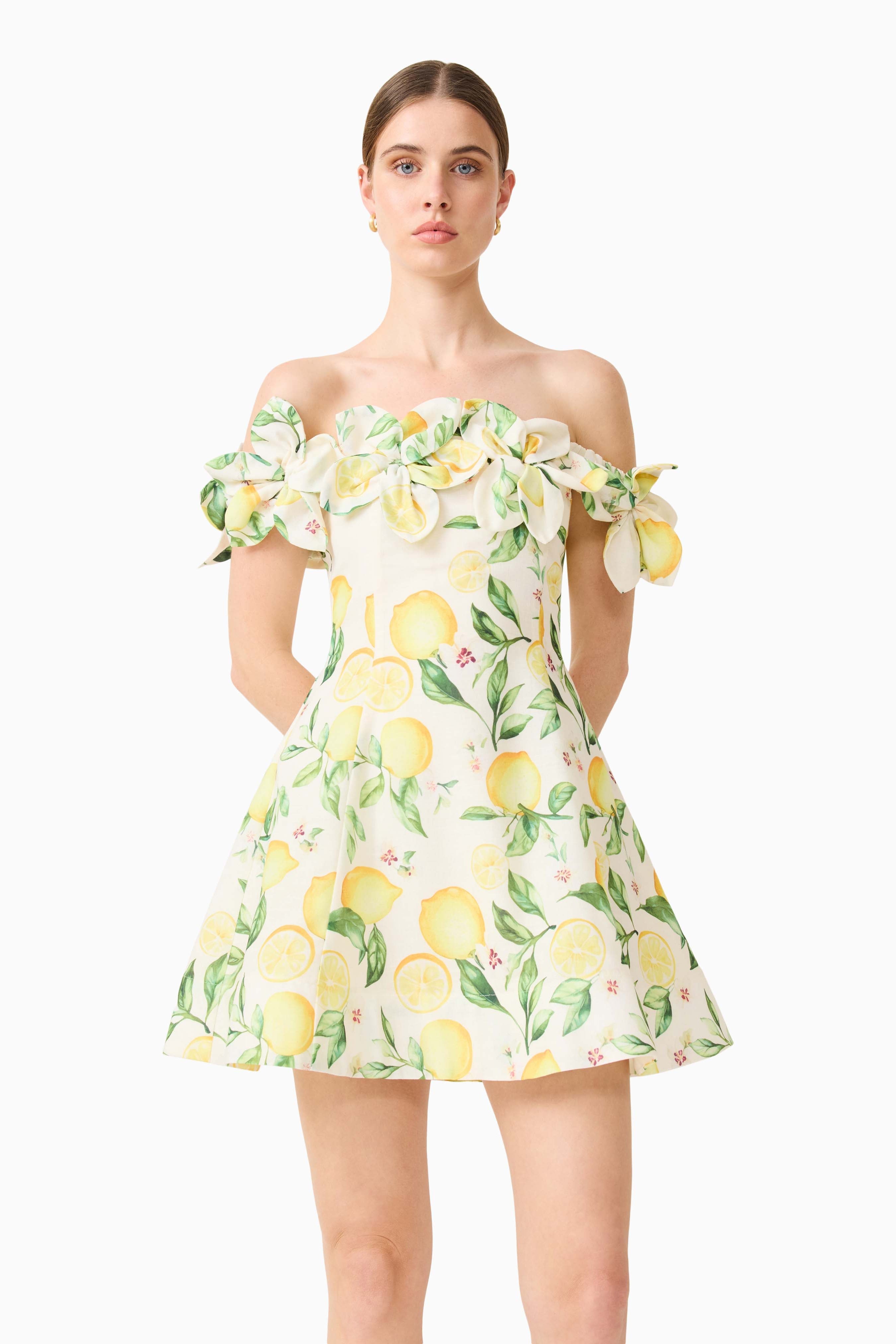 Hana Off Shoulder Mini Dress in Lemon Print