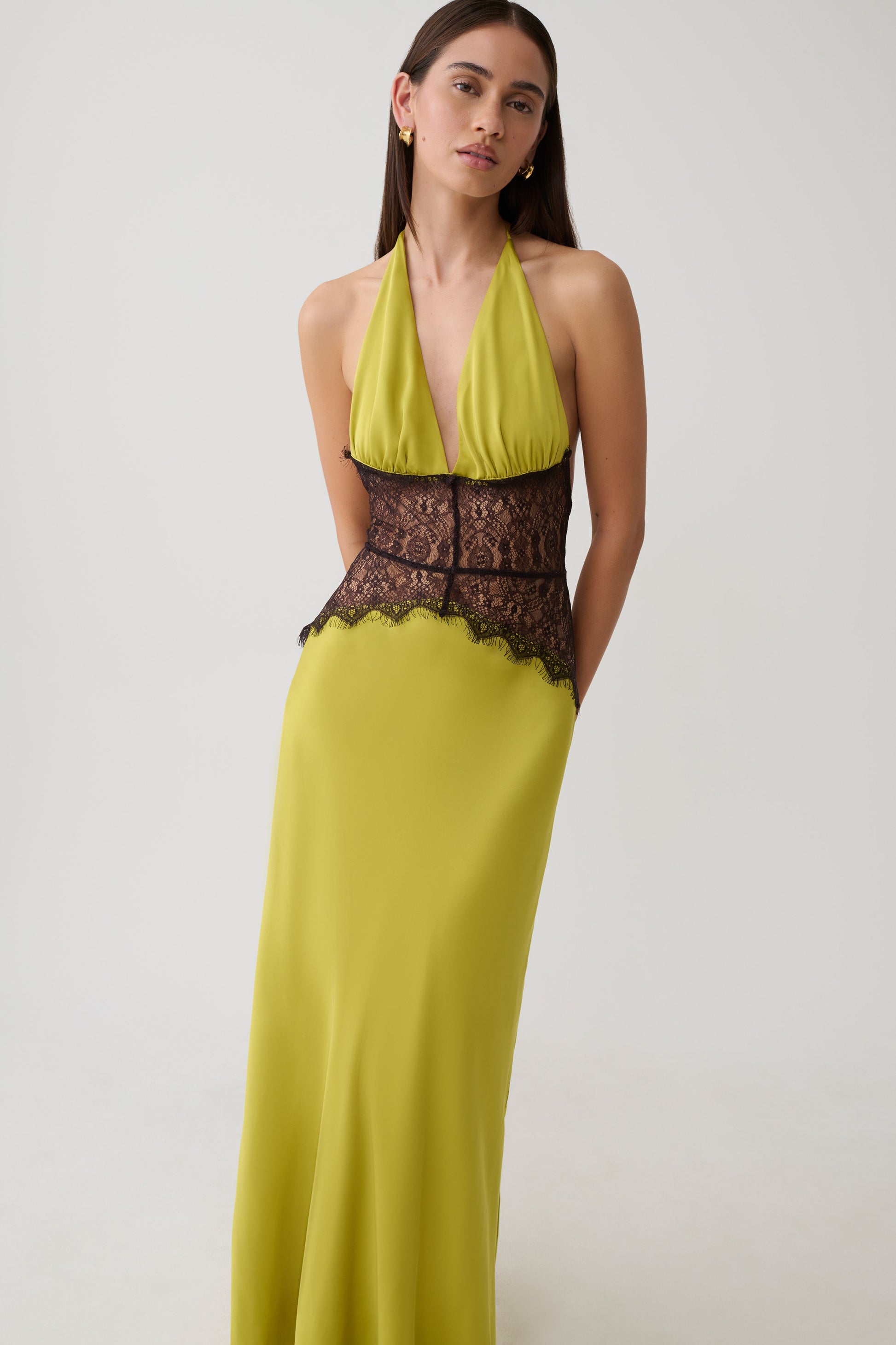 Lace And Satin Maxi Dress - Chartreuse