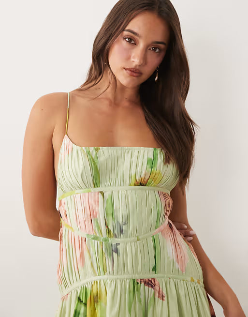 ruched backless cami maxi dress in abstract print
