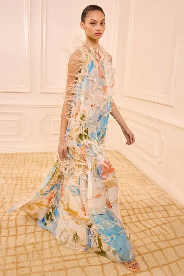 Gossamer Gown With Feather Embroidery