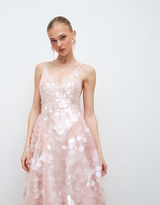 sequin embellished cami midi dress with full skirt in soft pink