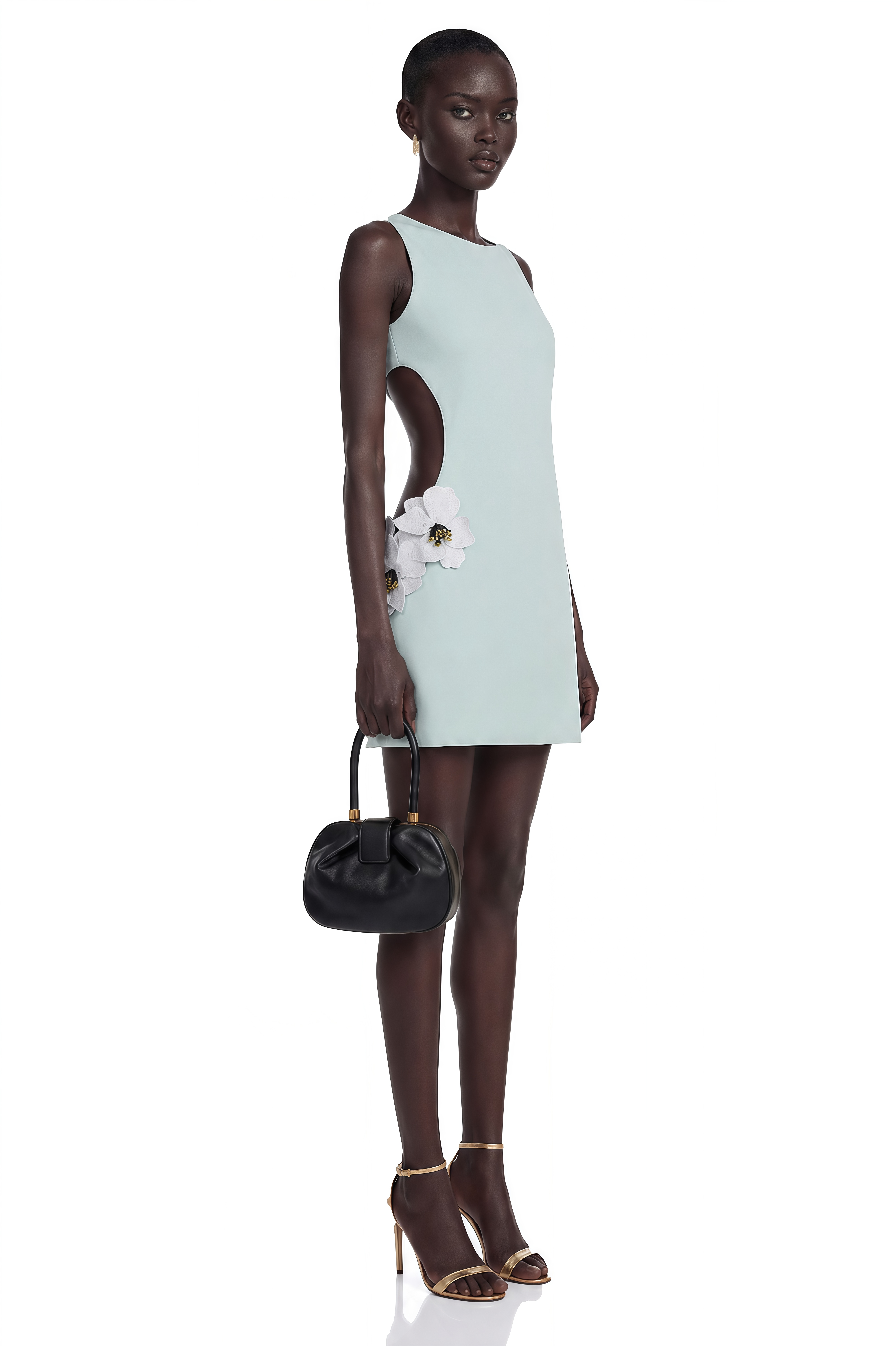 Minivestido verde zinnia con aberturas y pétalos en 3D