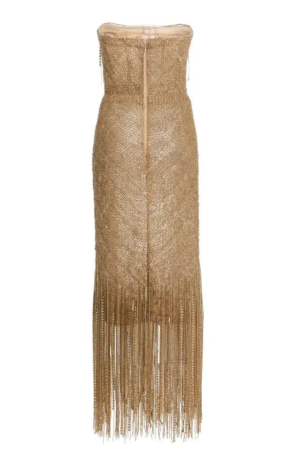 Strapless Bugle Loops Maxi Cocktail Dress - Gold